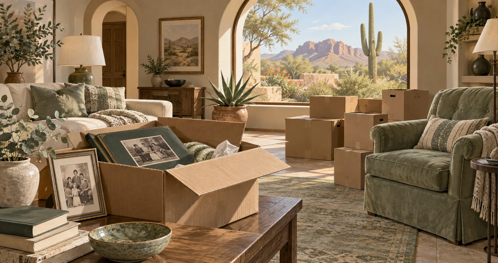 Illustration of family photos and keepsakes set aside beside boxes and furniture in an Arizona home
